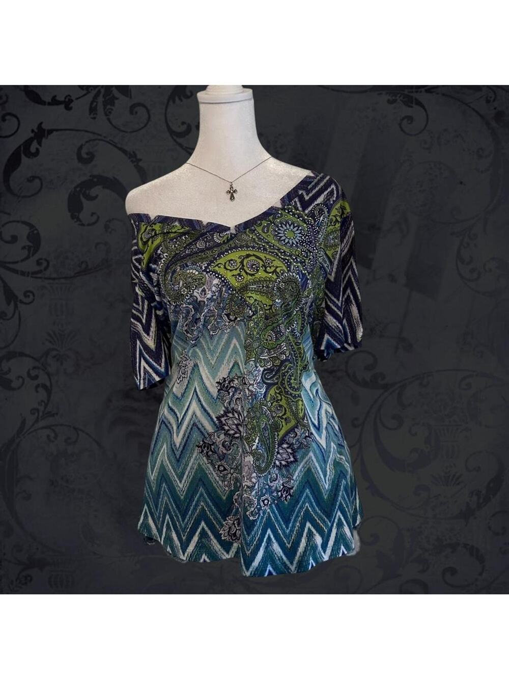 zigzag chevrons, ornate paisley and floral scroll v neck top
